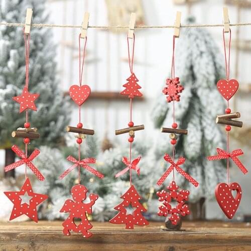 Wooden Red Dots Pendant five pointed star angle heart Christmas Tree decorations Drop Ornament navidad new year patry Kids Gift