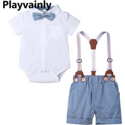 2021 New Summer Kids Boys 2-pcs Sets White Bodysuit+ Overalls Shorts Casual Style Children Clothes E100225