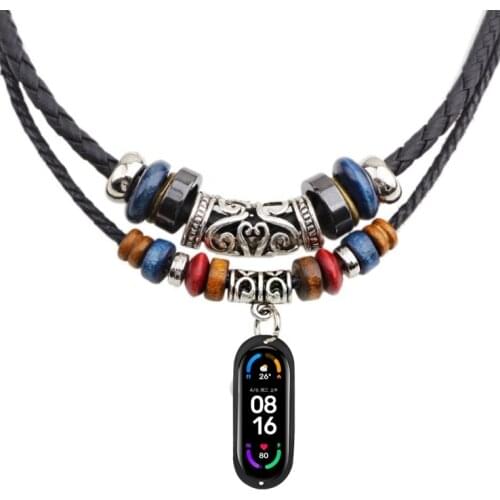 Double Beaded Leather Cord Braided Vintage Necklace Cord with Rubber Pendant Holder Cover for Xiaomi Mi Band 6/6 NFC