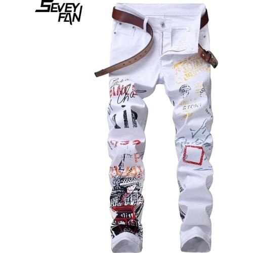 Graffiti Printed Slim Jeans Men White Fashion Streetwear Hip Hop Denim Pants Pencil Cotton Casual Jean Trousers Harajuku Black
