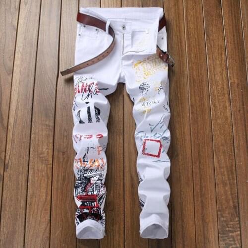 Fashion Men Jeans Slim Fit Graffiti Printed Designer Newly Street Elastic Hip Hop Jeans Men Pencil Pants Stretch Casual Trousers