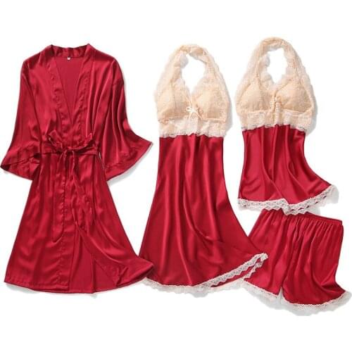 FZSLCYIYI Sexy Satin Silk Homewear Sleep Lounge Pyjama With Chest Pads Nightwear 4/3/2/1Pcs Bride Bridesmaid Pajamas Sleepwear