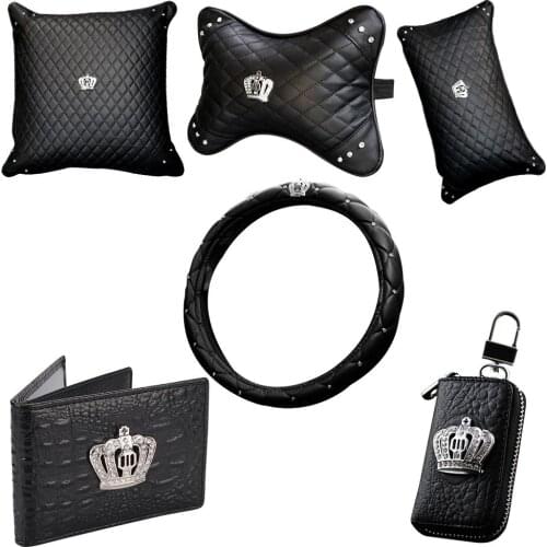 Crystal Leather Crown Car Seat Interior Accessories Steering Wheel Cover Headgear Neck Care Lumbar Pillow Car Using Series