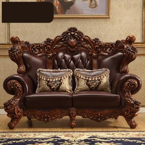European-style Leather Sofa Combination American Dark Solid Wood Carved Large Apartment Sofa Villa First Floor Leather Sofa