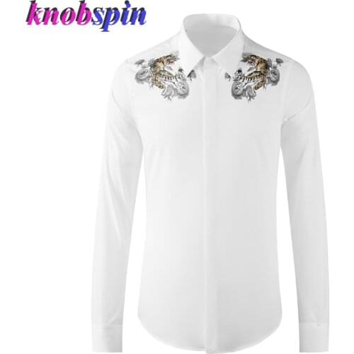 Brand Black White Men Shirt 100% Cotton Wolf Head Embroidered Men Shirt Long Sleeve Luxury Fashion Trend Casual Shirt Men