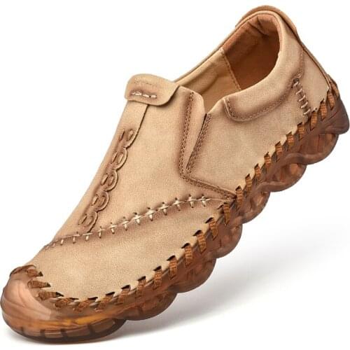 Mens Leather Shoes Fashion Leather Breathable Comfortable Slip-On Shoes Classic Sewing Soles Retro Style Casual Loafers