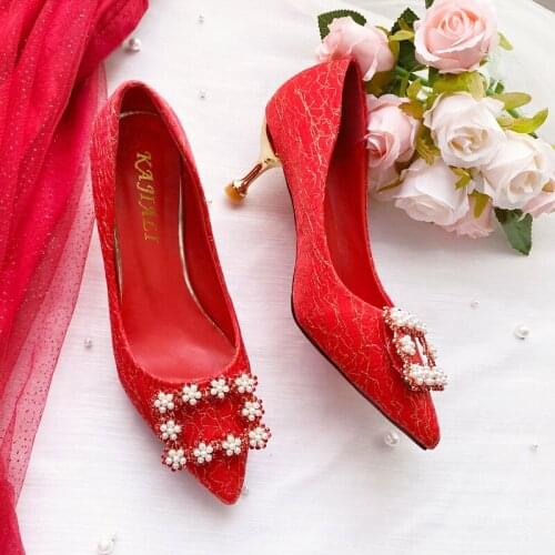 Newest Women Red Satin Silk Pearl Rhinestone Wedding Shoes Female High Heels Elegant Party Dress Pumps