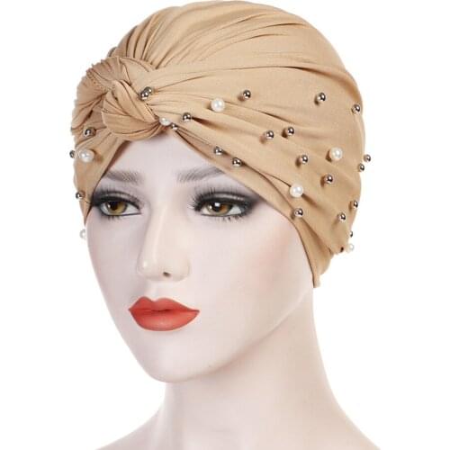 Solid Color Turban Cap Polyester Single Braid nail White Pearl Muslim Headwear
