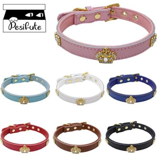 Pet Fashion Diamond Crown Collar British Style Lovely PU Leather Leash Collar Crystal Cat Dog Puppy Adjustable Collar UT Hot