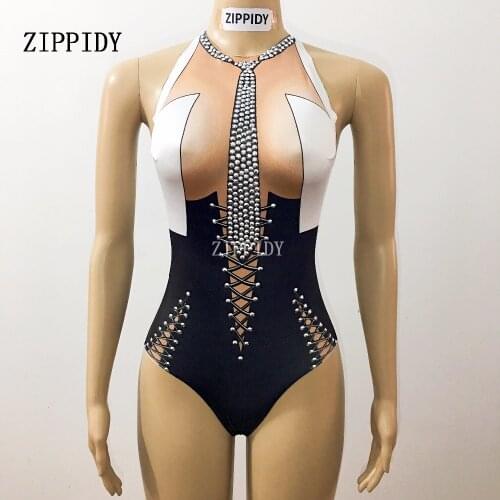 Sexy Rhinestones Tie Black Bodysuit Teacher Costume Bling Stage Show Outfit Performance Jazz Dance Singer Stretch Leotard