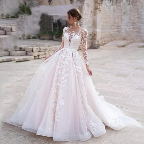 A-line Long Sleeves Pink Lace Applique Luxurious Wedding Dress Chapel Train Bridal Gown with Color abiti da cerimonia