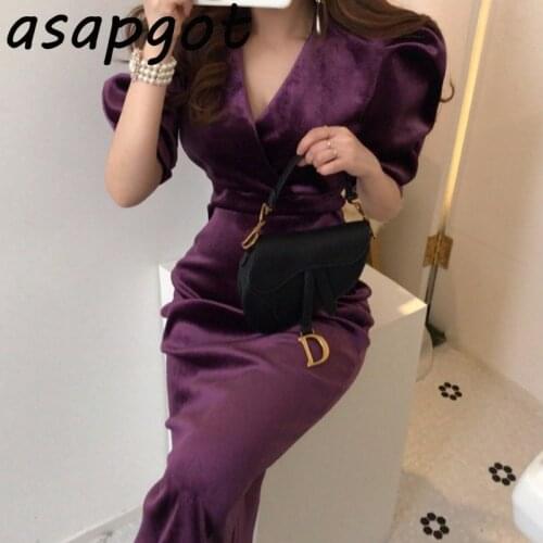 Dress Chic Korean Spring New Pullovers Plus Size V Neck Puff Short Sleeve Purple Velvet Dress Women Slim Mid-length Sexy Fashion