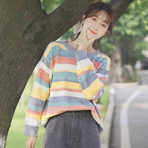 Pullover Crop Tops Rainbow Striped Sweater Women Loose Long Raglan Sleeve Knit New Autumn And Winter Office Lady