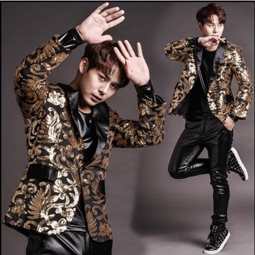 S-4xl New Men Blazers Jacket Gold Sequins Embroidery Suit Fashion Performance Host Singer Stage Costume Wedding Formal Dress