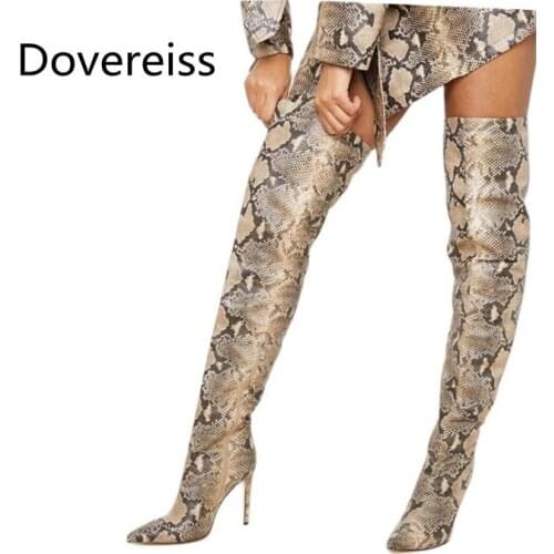 Dovereiss Fashion Womens Shoes Winter Pointed Toe Stilettos Heels Sexy Elegant Snakeskin New Over the knee boots Concise 35-43