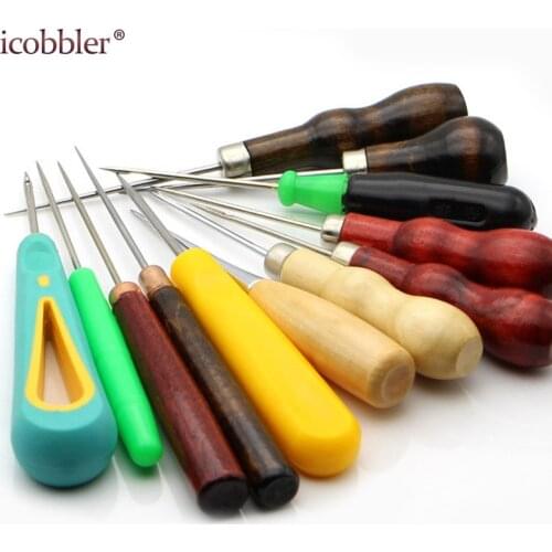 Leather Stitching Sewing Awl Repair Tool, Wood Handle Repair Drillable Round Solid Tools for Craft Shoes Bags with Hook Hole Awl