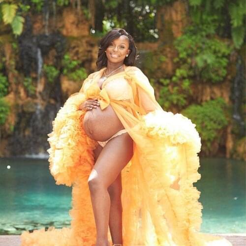 Light Yellow Tulle Robes Women Maternity Dress Photo Shoot Puffy Long Sleeves Tulle Robe Maternity Dresses Photography Customize