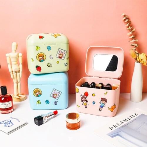 Ins Girl Lipstick Storage Box Mirror Jewelry Organizer Cute Cosmetic Storage Box with Lid Portable Desktop Organizer Box