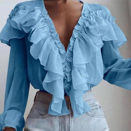Women New Solid Color V-Neck Ruffle Shirts Ladies Casual Long Sleeve Top Shirt Fashion Loose Female Chic Tops Outfit 2021 Hot