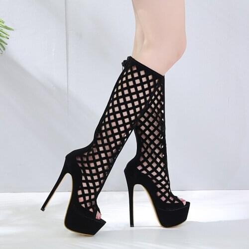 NEW women mid calf boots high heel 16.5 cm platform 6 cm sexy flannel spring autumn zip fashion shoes Handmade boots solid black