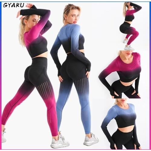 GYARU Women Fitness Yoga Sets Mesh gradient Seamless Sports Suits High Waist GYM Fitness Pants Sportswear Workout Bra+Leggings