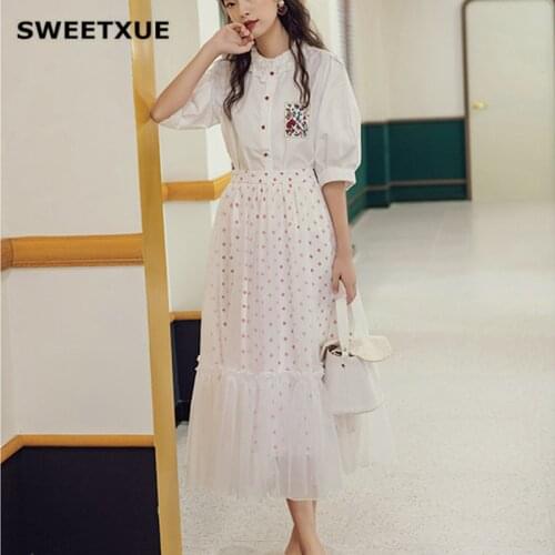 SWEETXUE 2019 Summer Fashion Temperament 2 Piece Suit White Embroidered Shirt High Waist Wave Point Mesh Skirt Casual Retro Set