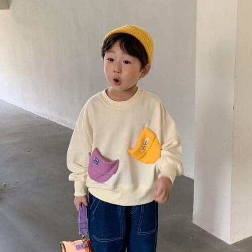 2021 Boys Casual Woolen Hat Color Pocket Sweatshirt Childrens Loose Pullover 2-7Y Simple Sweater