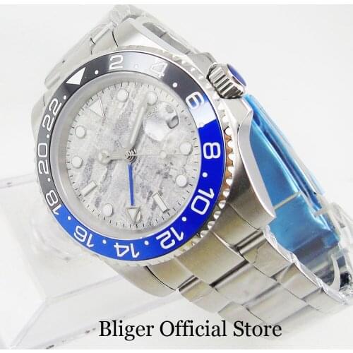 40mm BLIGER Slef Widning Grey Dial GMT Function Sapphire Glass Rotating Bezel Men Wristwatch Nologo