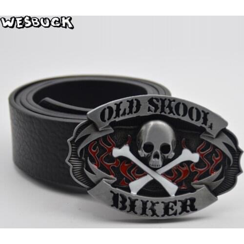 5 PCS MOQ WesBuck Brand Old Skool Biker Skull Belt Buckle For Mens Accessories Metal Buckles With PU Belt Festive gifts