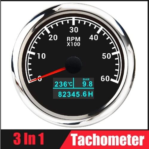 85mm Car Boat Tacho Meter with LCD Hourmeter Water Temp Oil Pressure 3000 4000 6000 8000 RPM 3 In 1 Tachometer Red Backlight