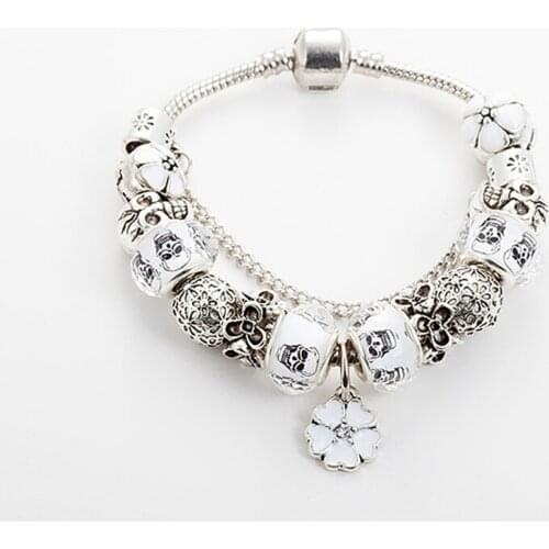 ANNAPAER White Enamel Flower & Skull Charm Bracelets For Women Antique Silver Color Beads Bracelets & Bangles Jewelry B16004