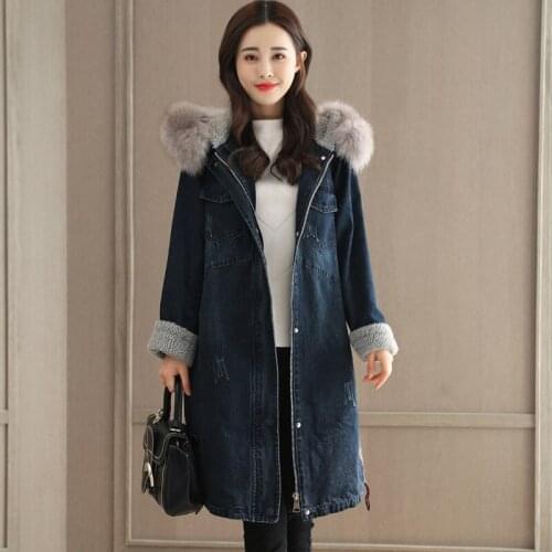 Plus Velvet Thick Denim Jacket Luxurious Fox fur collar Hat Basic Jacket Winter Warm Loose Lambswool Female Jacket New Long Coat