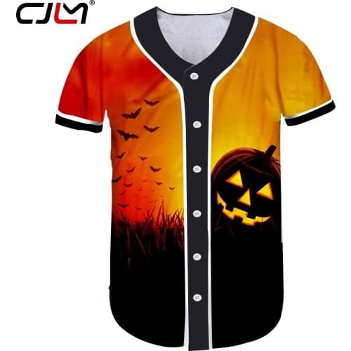 CJLM 3D Printed Bat And Yellow Scenery Polyester Large Size Mens Baseball Shirt Halloween Devil Pumpkin Man Tshirt