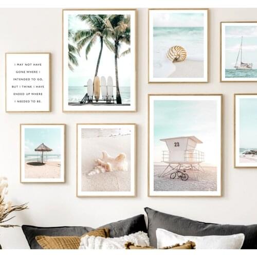 Coconut Surfboard Sailboat Conch Shell Sandy Beach Art Canvas Painting Nordic Posters And Prints Wall Pictures Living Room Decor