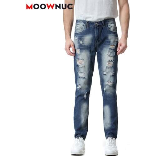 Denim Trousers Male Casual Jeans For Men 2021 Sweatpants Hole Plus Size Washed Full-Length Fashion Pant Spring Fit Brand MOOWNUC