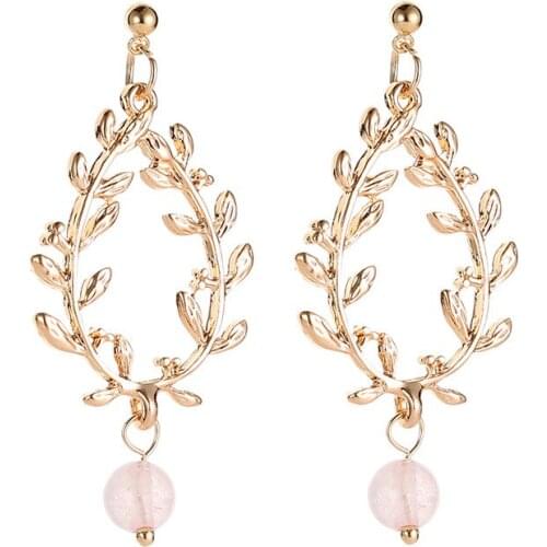 Elegant Leaves Circle Acrylic Pink Blue Beads Dangle Earrings Bohemia Golden Silver Plated Drop Earrings For Women