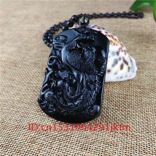 Phoenix Fashion Amulet Jade Necklace Obsidian Natural Black Jewelry Beads Women Gifts Pendant Chinese for Charm