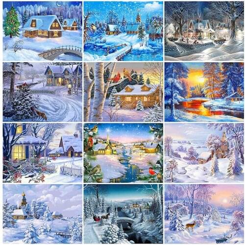 HUACAN Full Square Diamond Painting Handmade Winter Scenery Cross Stitch 5D Diamond Embroidery Christmas Decor Landscape