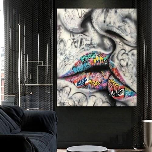 Larger Size Oil Painiting Lover Kissing Street Graffiti Art Painting Canvas Poster Print Abstract Wall Art Picture Living Room