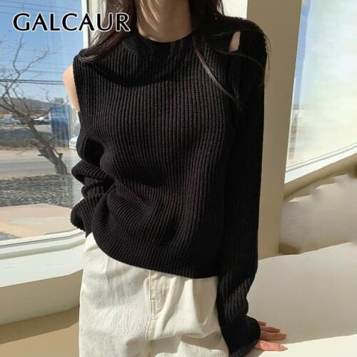 GALCAUR Korean Fashion Cut Out Long Sleeve Top Female Sweater Round Collar Slim Minimalist Women Clothing 2021 Spring New Style