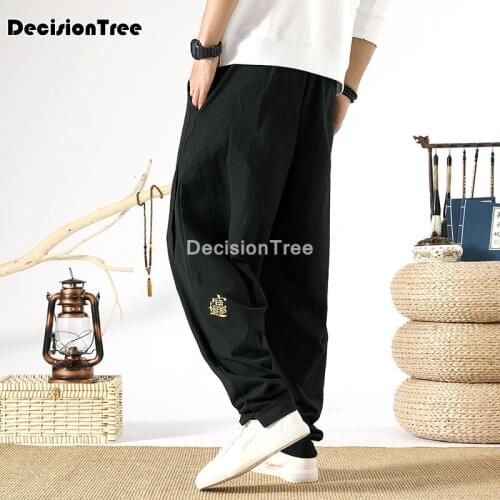 2021 streetwear mens joggers trousers chinese style casual harem pants solid man pants waist loose long cotton linen pants