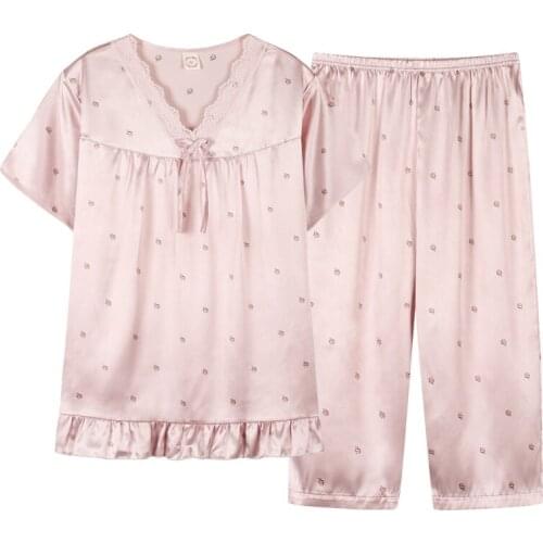 New Summer Women Print Sleepwear V-Neck Lace Silk Pajama 2 Pieces/Set Short Sleeve Home Clothes For Women Homewear Plus Size 3XL