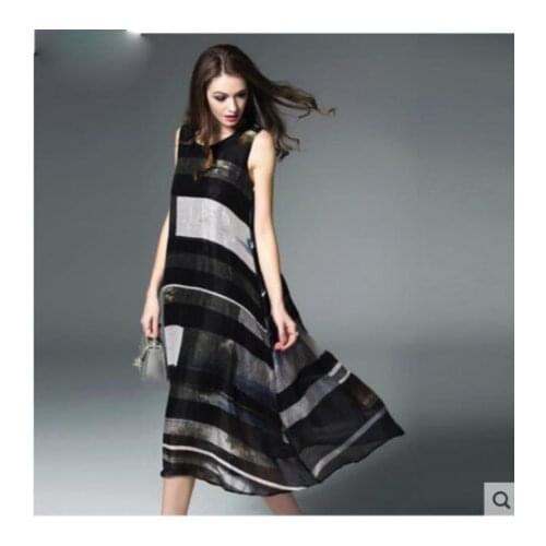 2020 Summer spring dress new dress stripe print cotton flax loose show thin sleeveless vest skirt medium long skirt