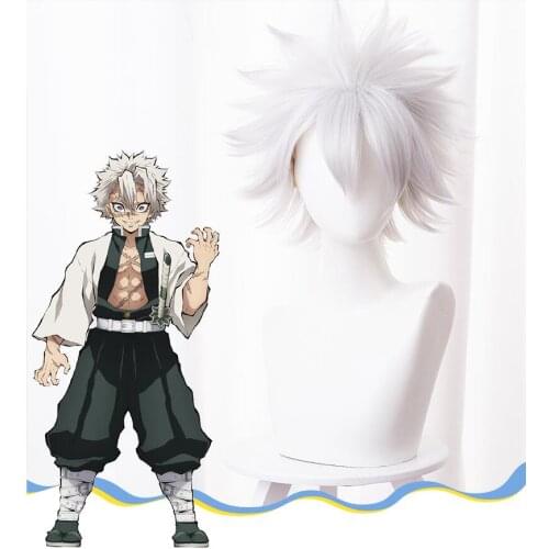 Wigs Prop!!! Demon Slayer:Kimetsu No Yaiba Shinazugawa Genya Cosplay Silver Grey Upturned Short Hair Role Play Accessories