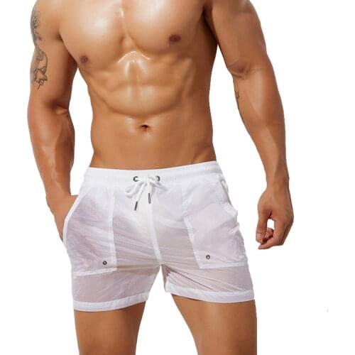 Mens Sleep Bottoms Underwear Home Casual Shorts Sexy Transparent Loose Lounge Pajama Boxers Nylon Underpants with Liner Trunks