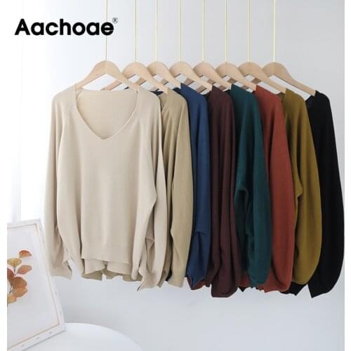 Aachoae Casual Solid V Neck Sweater Women Irregular Long Sleeve Pullover Sweaters Base Loose Lady Sweaters Sueter Mujer 2020