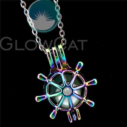 R-C568 Rainbow Colors Rudder Helm Beads Cage Pendant Perfume Diffuser Oyster Pearl Cage Locket Necklace