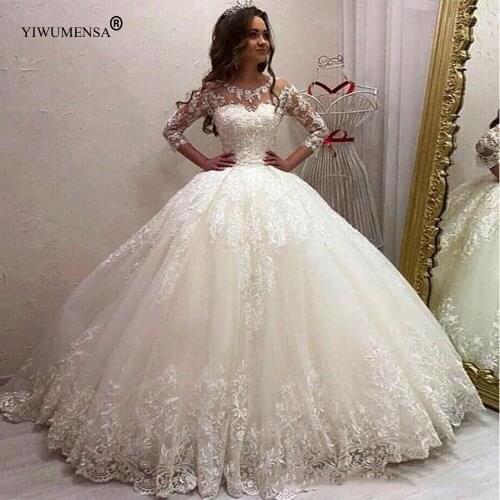 Saudi Arabic 3/4 Tulle Sleeves Princess Ball Gown Wedding Dresses 2020 Lace Appliques Bride Gowns Vestidos De Novia Plus Size