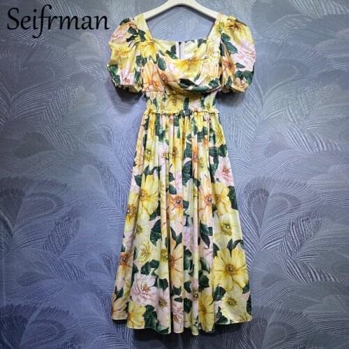 Seifrmann New 2021 Summer Women Fashion Designer Party Midi Dress Lantern Sleeve Ruffles High Waist Print Ladies Cotton Dresses