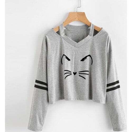 Short Crop Tops Jog T-shirts Two Bars Long Sleeve V Neck Sweatshirt Womens Cartoon Pictures Pullover Blouse All-Match Loose Tee
